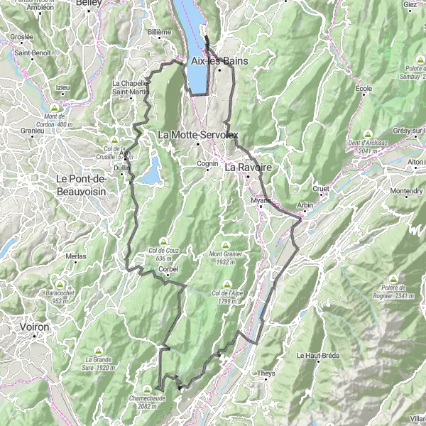 Kartminiatyr av "Landsvägsrunda till Aix-les-Bains och Saint-Pierre-de-Chartreuse" cykelinspiration i Rhône-Alpes, France. Genererad av Tarmacs.app cykelruttplanerare