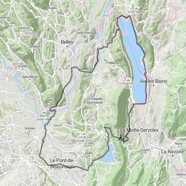 Map miniature of "Lakes and Mountains" cycling inspiration in Rhône-Alpes, France. Generated by Tarmacs.app cycling route planner