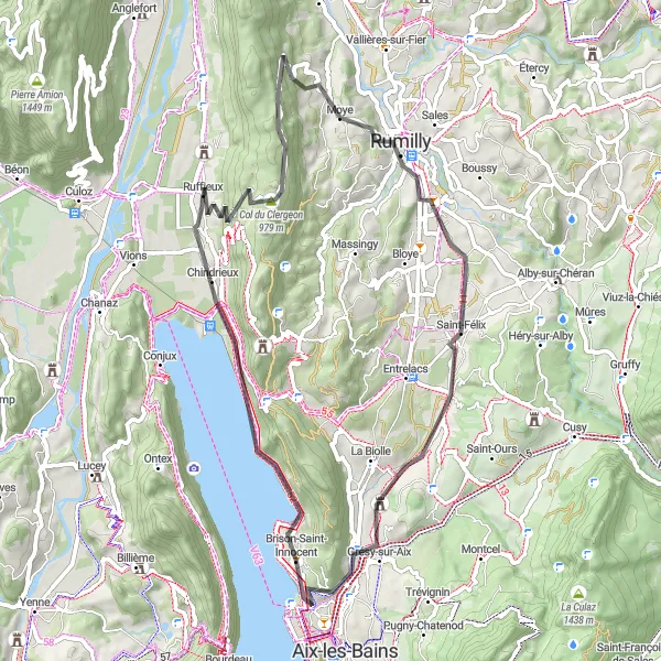 Map miniature of "Scenic Loop around Brison-Saint-Innocent" cycling inspiration in Rhône-Alpes, France. Generated by Tarmacs.app cycling route planner
