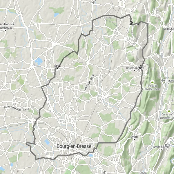 Miniaturní mapa "Vyjížďka okolo Buellas" inspirace pro cyklisty v oblasti Rhône-Alpes, France. Vytvořeno pomocí plánovače tras Tarmacs.app