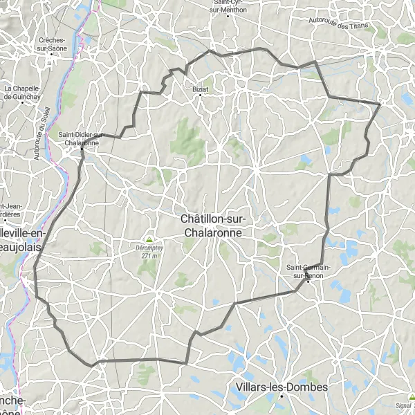 Miniaturní mapa "Okružní cesta z Buellas" inspirace pro cyklisty v oblasti Rhône-Alpes, France. Vytvořeno pomocí plánovače tras Tarmacs.app