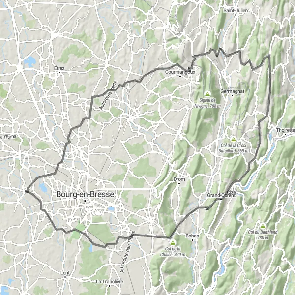 Mapa miniatúra "Výlet do kopcov" cyklistická inšpirácia v Rhône-Alpes, France. Vygenerované cyklistickým plánovačom trás Tarmacs.app