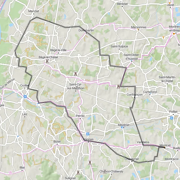 Karttaminiaatyyri "65 kilometrin maantien pyöräilyreitti Buellaksen lähellä" pyöräilyinspiraatiosta alueella Rhône-Alpes, France. Luotu Tarmacs.app pyöräilyreittisuunnittelijalla