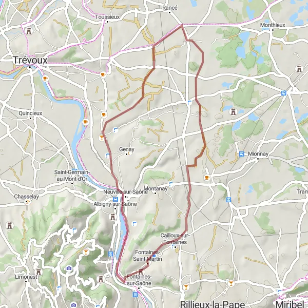 Miniatura mapy "Trasa przez Massieux i Fontaines-Saint-Martin" - trasy rowerowej w Rhône-Alpes, France. Wygenerowane przez planer tras rowerowych Tarmacs.app