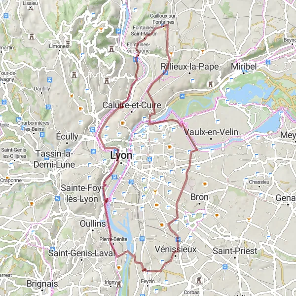 Miniatuurkaart van de fietsinspiratie "Gravelroute Fontaines-sur-Saône en omgeving" in Rhône-Alpes, France. Gemaakt door de Tarmacs.app fietsrouteplanner