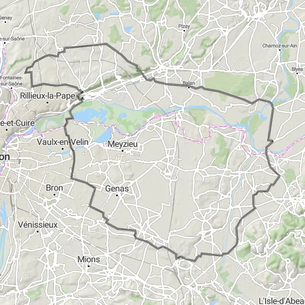 Kartminiatyr av "Cailloux-sur-Fontaines Rundtur - Road" sykkelinspirasjon i Rhône-Alpes, France. Generert av Tarmacs.app sykkelrutoplanlegger