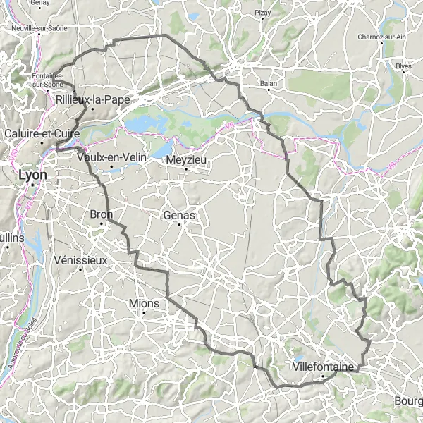 Kartminiatyr av "Rhône-Alpes Rundtur via Jameyzieu og Saint-Priest" sykkelinspirasjon i Rhône-Alpes, France. Generert av Tarmacs.app sykkelrutoplanlegger