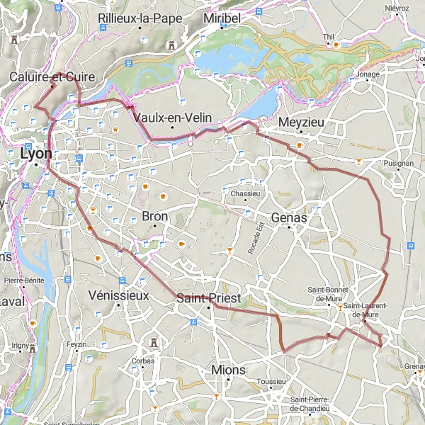 Miniatuurkaart van de fietsinspiratie "Rondrit van 60 km in Vaulx-en-Velin" in Rhône-Alpes, France. Gemaakt door de Tarmacs.app fietsrouteplanner