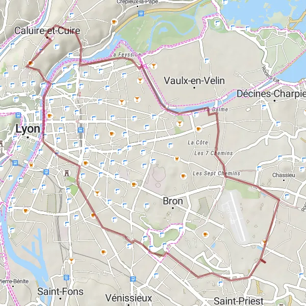 Miniature de la carte de l'inspiration cycliste "Parcours tranquille à travers la campagne lyonnaise" dans la Rhône-Alpes, France. Générée par le planificateur d'itinéraire cycliste Tarmacs.app