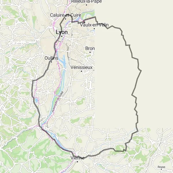 Map miniature of "Caluire-et-Cuire to Givors Road Cycling Route" cycling inspiration in Rhône-Alpes, France. Generated by Tarmacs.app cycling route planner