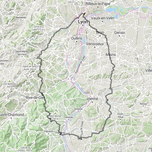 Miniatuurkaart van de fietsinspiratie "Spectaculaire heuvels en schilderachtige dorpen" in Rhône-Alpes, France. Gemaakt door de Tarmacs.app fietsrouteplanner