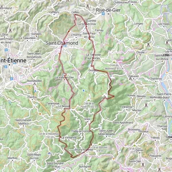 Miniatua del mapa de inspiración ciclista "Ruta de grava a través de Crêt de l'Œillon" en Rhône-Alpes, France. Generado por Tarmacs.app planificador de rutas ciclistas