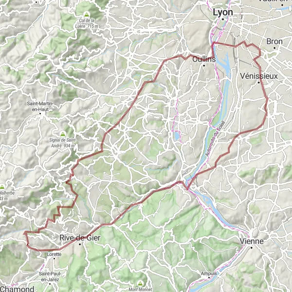 Miniature de la carte de l'inspiration cycliste "Les Collines de l'Ouest Lyonnais" dans la Rhône-Alpes, France. Générée par le planificateur d'itinéraire cycliste Tarmacs.app