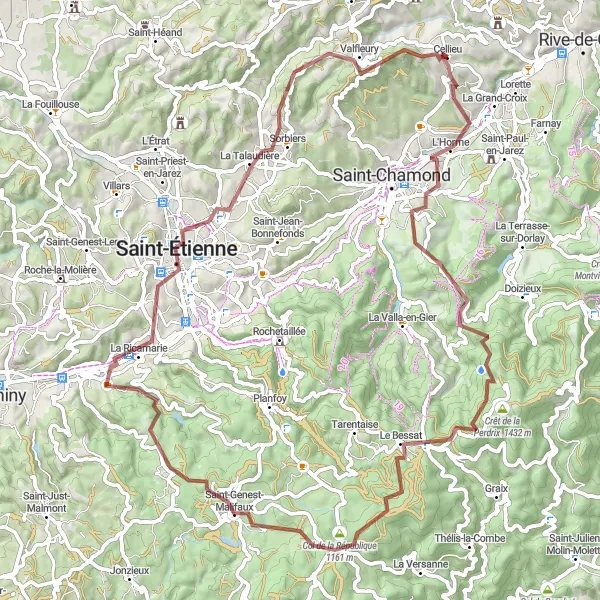 Miniature de la carte de l'inspiration cycliste "Boucle entre Cellieu et Valfleury" dans la Rhône-Alpes, France. Générée par le planificateur d'itinéraire cycliste Tarmacs.app