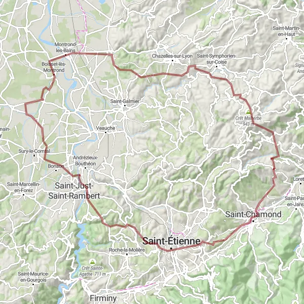 Miniature de la carte de l'inspiration cycliste "Les Montagnes du Pilat" dans la Rhône-Alpes, France. Générée par le planificateur d'itinéraire cycliste Tarmacs.app