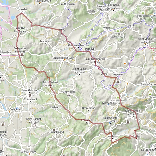 Map miniature of "Loop from Cellieu to Bellegarde-en-Forez" cycling inspiration in Rhône-Alpes, France. Generated by Tarmacs.app cycling route planner