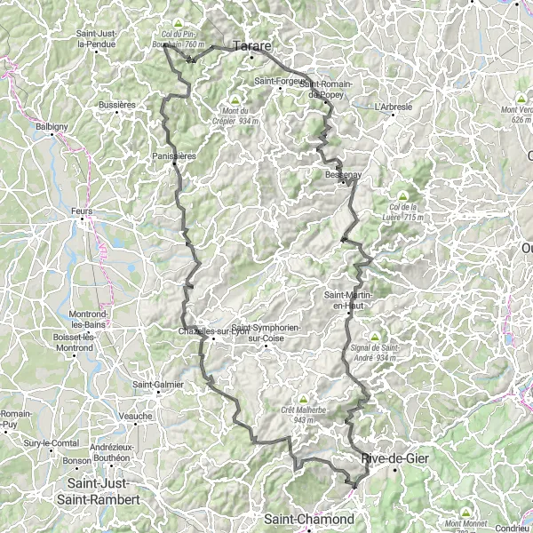 Kartminiatyr av "Runturet från Cellieu till Col de la Croix Cazard" cykelinspiration i Rhône-Alpes, France. Genererad av Tarmacs.app cykelruttplanerare