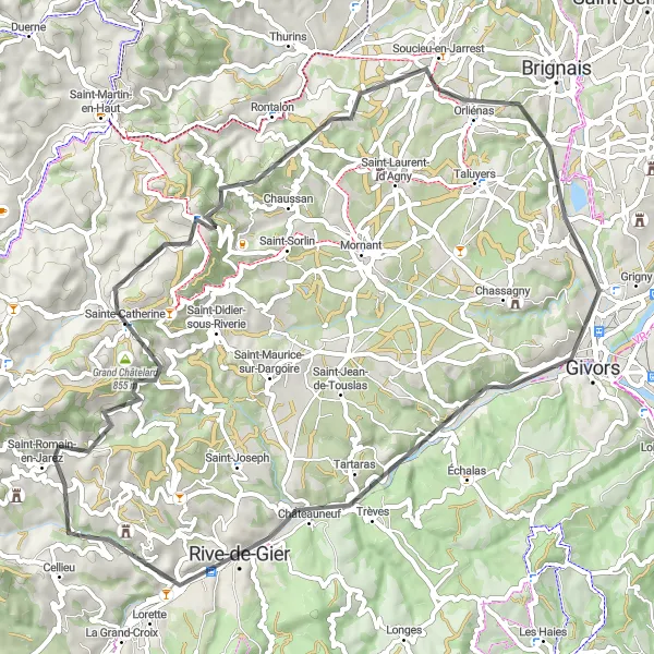 Miniatuurkaart van de fietsinspiratie "Klimrijk avontuur van 64 km" in Rhône-Alpes, France. Gemaakt door de Tarmacs.app fietsrouteplanner