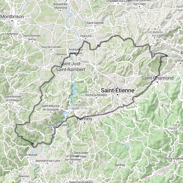 Miniatura della mappa di ispirazione al ciclismo "Giro in bicicletta attraverso Rhône-Alpes" nella regione di Rhône-Alpes, France. Generata da Tarmacs.app, pianificatore di rotte ciclistiche