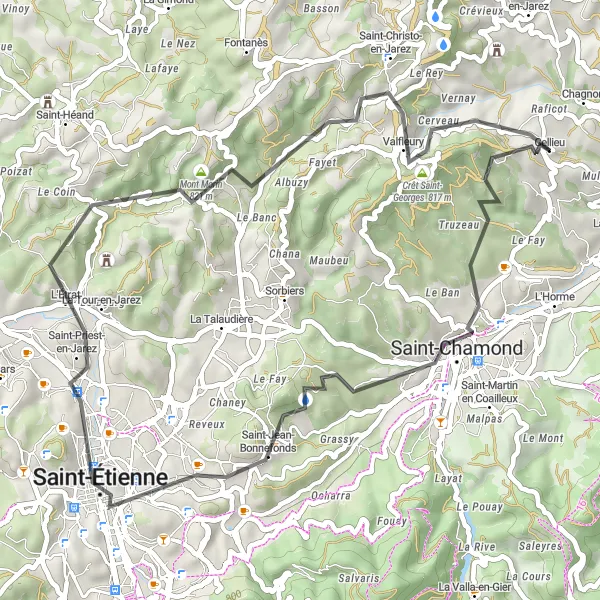 Miniatua del mapa de inspiración ciclista "Ruta en Carretera de Cellieu a Saint-Christo-en-Jarez" en Rhône-Alpes, France. Generado por Tarmacs.app planificador de rutas ciclistas