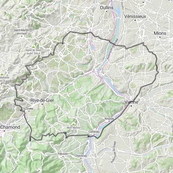 Miniatua del mapa de inspiración ciclista "Ruta en carretera a través de Les Roches-de-Condrieu" en Rhône-Alpes, France. Generado por Tarmacs.app planificador de rutas ciclistas