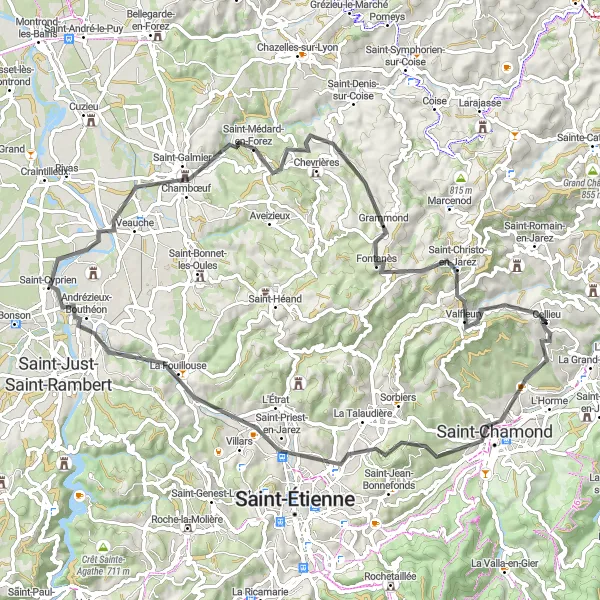 Miniatua del mapa de inspiración ciclista "Ruta en carretera a través de Saint-Galmier" en Rhône-Alpes, France. Generado por Tarmacs.app planificador de rutas ciclistas