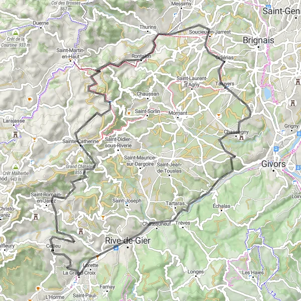 Map miniature of "Around the Hills" cycling inspiration in Rhône-Alpes, France. Generated by Tarmacs.app cycling route planner