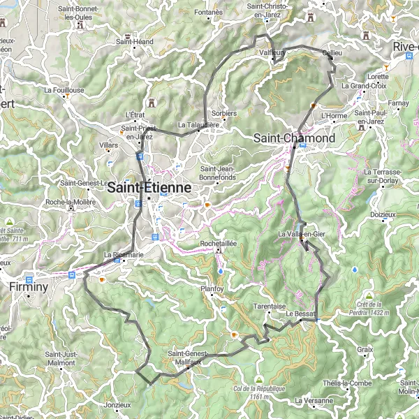 Miniatua del mapa de inspiración ciclista "Ruta en carretera de Cellieu a Crêt Saint-Georges" en Rhône-Alpes, France. Generado por Tarmacs.app planificador de rutas ciclistas