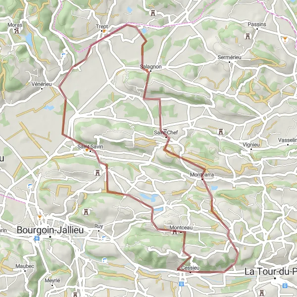Miniature de la carte de l'inspiration cycliste "Exploration des Villages du Bugey" dans la Rhône-Alpes, France. Générée par le planificateur d'itinéraire cycliste Tarmacs.app