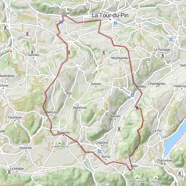 Map miniature of "Gravel Adventure to Saint-Didier-de-Bizonnes and Château de Vallin" cycling inspiration in Rhône-Alpes, France. Generated by Tarmacs.app cycling route planner