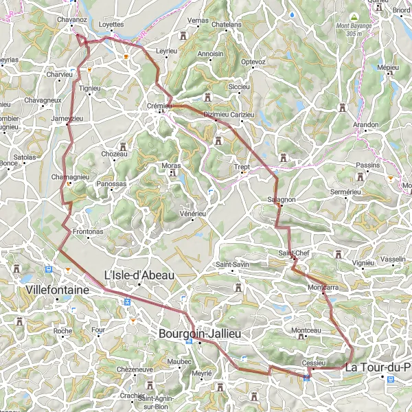 Miniatura della mappa di ispirazione al ciclismo "Avventura Gravel verso Crémieu" nella regione di Rhône-Alpes, France. Generata da Tarmacs.app, pianificatore di rotte ciclistiche