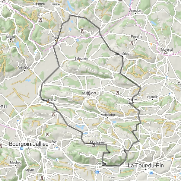 Kartminiatyr av "Saint-Savin till Rochetoirin" cykelinspiration i Rhône-Alpes, France. Genererad av Tarmacs.app cykelruttplanerare