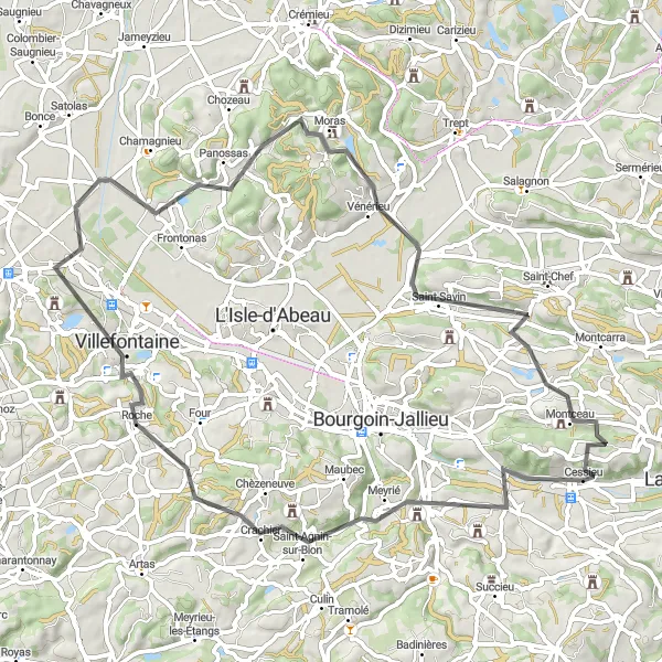 Miniatua del mapa de inspiración ciclista "Ruta en Carretera a través de Sérézin-de-la-Tour y Vénérieu" en Rhône-Alpes, France. Generado por Tarmacs.app planificador de rutas ciclistas