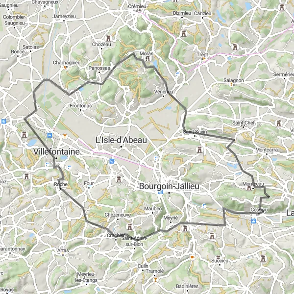 Miniaturní mapa "Okruh kolem Cessieu přes Veyssilieu" inspirace pro cyklisty v oblasti Rhône-Alpes, France. Vytvořeno pomocí plánovače tras Tarmacs.app