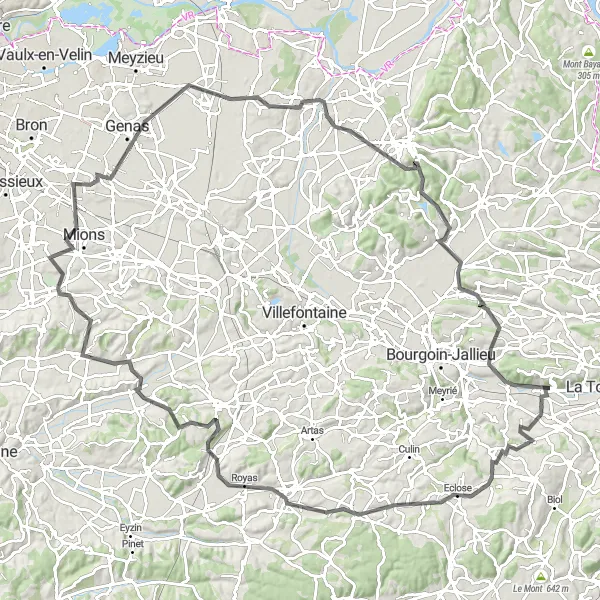 Miniaturní mapa "Okruh kolem Cessieu přes Château de Demptézieu" inspirace pro cyklisty v oblasti Rhône-Alpes, France. Vytvořeno pomocí plánovače tras Tarmacs.app