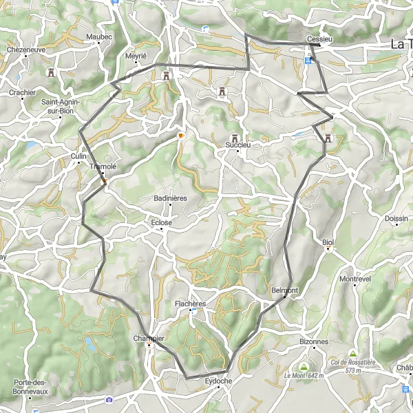 Miniaturní mapa "Road Tour okolo Cessieu" inspirace pro cyklisty v oblasti Rhône-Alpes, France. Vytvořeno pomocí plánovače tras Tarmacs.app