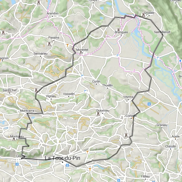 Miniatuurkaart van de fietsinspiratie "Roadtrip door Montcarra, Groslée en Les Avenières" in Rhône-Alpes, France. Gemaakt door de Tarmacs.app fietsrouteplanner