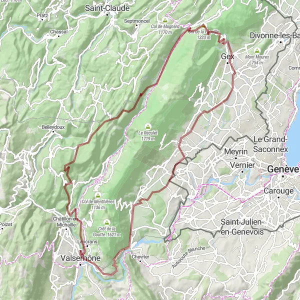 Miniatura della mappa di ispirazione al ciclismo "Cicloturismo tra Leaz e Gex" nella regione di Rhône-Alpes, France. Generata da Tarmacs.app, pianificatore di rotte ciclistiche