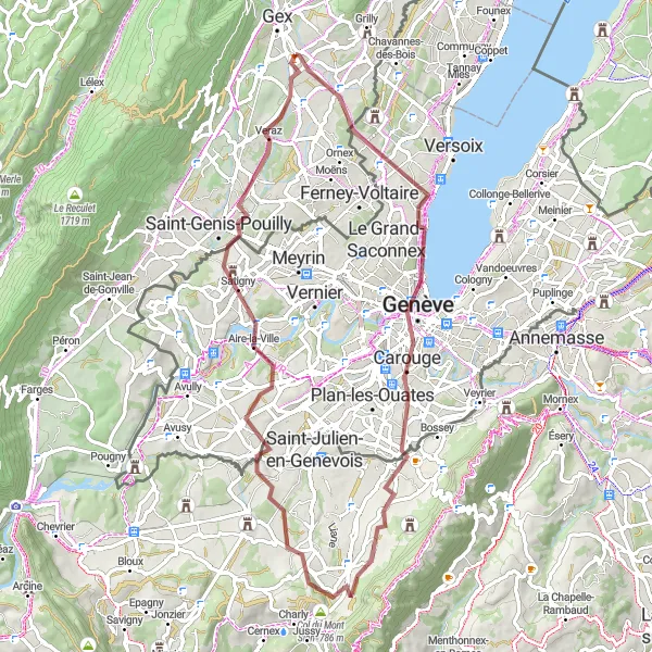 Kartminiatyr av "Cessy til Ségny grusrute" sykkelinspirasjon i Rhône-Alpes, France. Generert av Tarmacs.app sykkelrutoplanlegger
