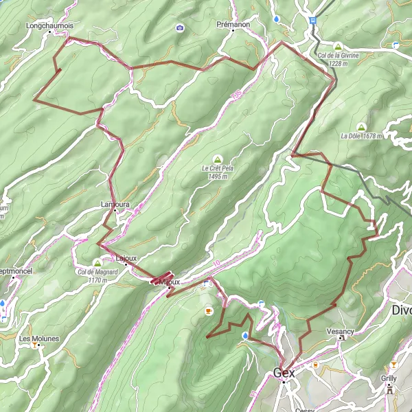 Mapa miniatúra "Trasa Gravel: Cessy - Col de la Faucille" cyklistická inšpirácia v Rhône-Alpes, France. Vygenerované cyklistickým plánovačom trás Tarmacs.app