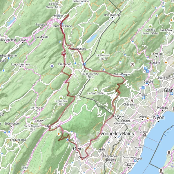 Kartminiatyr av "Grusvei Eventyr i Jura Fjellene" sykkelinspirasjon i Rhône-Alpes, France. Generert av Tarmacs.app sykkelrutoplanlegger