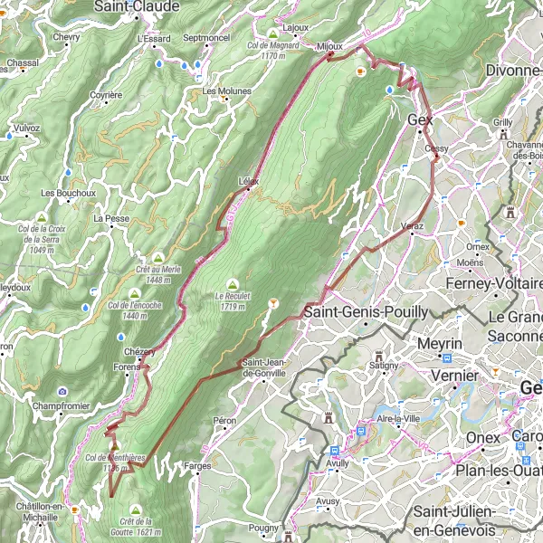 Mapa miniatúra "Trasa okolo Cessy cez Crozet a Mijoux" cyklistická inšpirácia v Rhône-Alpes, France. Vygenerované cyklistickým plánovačom trás Tarmacs.app