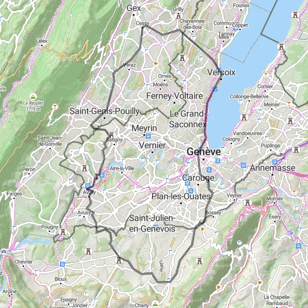 Kartminiatyr av "Cessy til Saint-Genis-Pouilly Rundtur" sykkelinspirasjon i Rhône-Alpes, France. Generert av Tarmacs.app sykkelrutoplanlegger