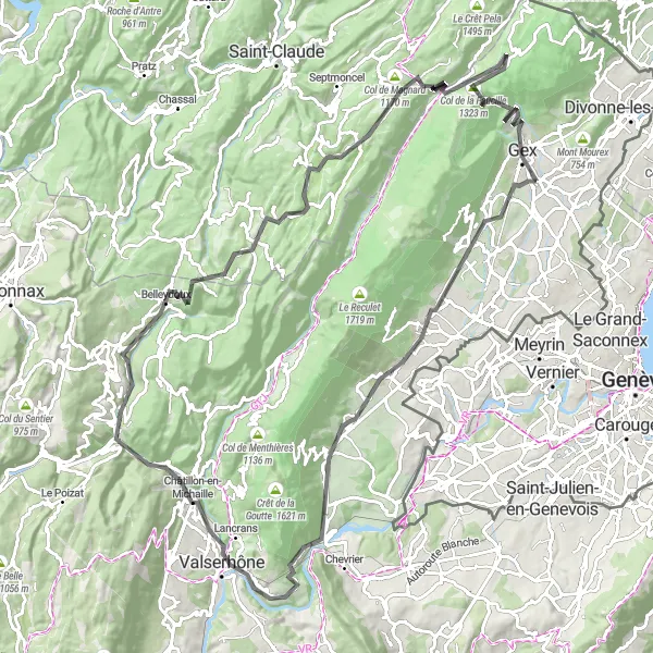 Zemljevid v pomanjšavi "Osvežujoča pot skozi Rhône-Alpes" kolesarske inspiracije v Rhône-Alpes, France. Generirano z načrtovalcem kolesarskih poti Tarmacs.app