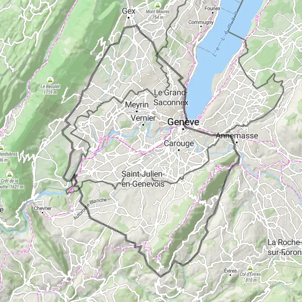 Miniatura della mappa di ispirazione al ciclismo "Giro Panoramico attraverso i Monti del Giura" nella regione di Rhône-Alpes, France. Generata da Tarmacs.app, pianificatore di rotte ciclistiche