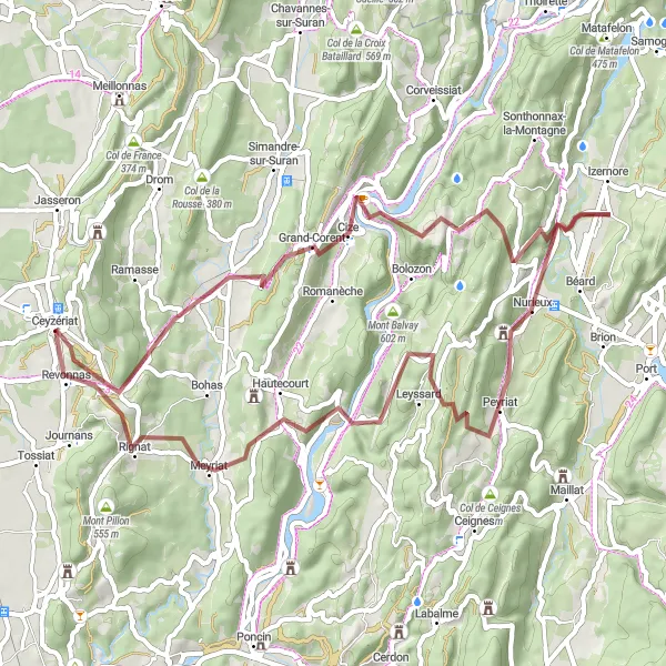 Miniature de la carte de l'inspiration cycliste "Panorama de l'Ain Gravel Loop" dans la Rhône-Alpes, France. Générée par le planificateur d'itinéraire cycliste Tarmacs.app