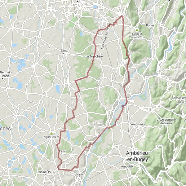 Miniatura della mappa di ispirazione al ciclismo "Percorso in Gravel da Ceyzériat a Ceyzériat" nella regione di Rhône-Alpes, France. Generata da Tarmacs.app, pianificatore di rotte ciclistiche