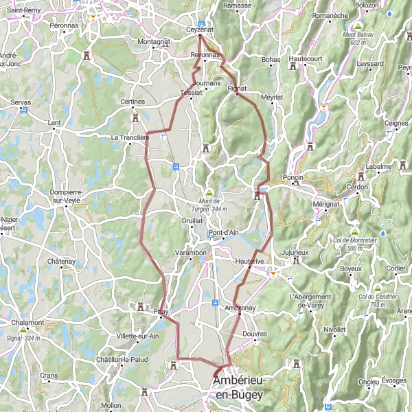 Miniature de la carte de l'inspiration cycliste "Rignat Adventure Gravel Loop" dans la Rhône-Alpes, France. Générée par le planificateur d'itinéraire cycliste Tarmacs.app