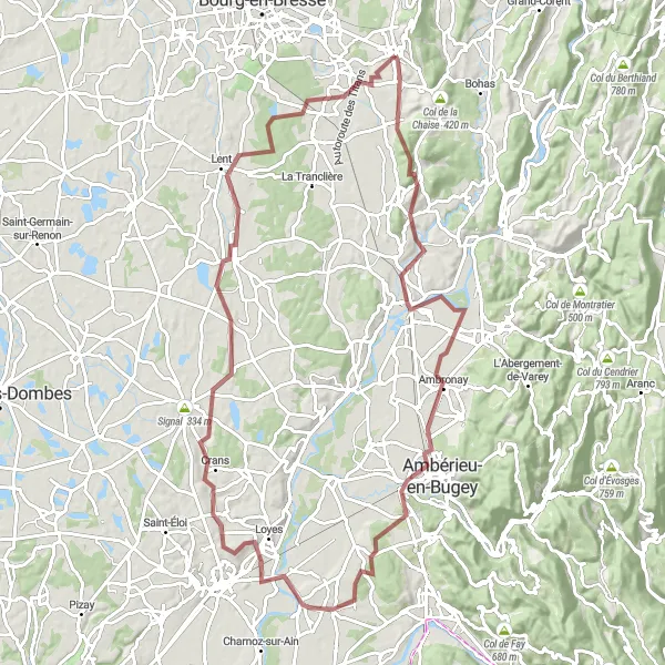Miniatura della mappa di ispirazione al ciclismo "Circuito in Gravel tra Ceyzériat e Journans" nella regione di Rhône-Alpes, France. Generata da Tarmacs.app, pianificatore di rotte ciclistiche
