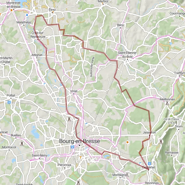 Kartminiatyr av "Grusvägen genom Bourg-en-Bresse och Jasseron" cykelinspiration i Rhône-Alpes, France. Genererad av Tarmacs.app cykelruttplanerare